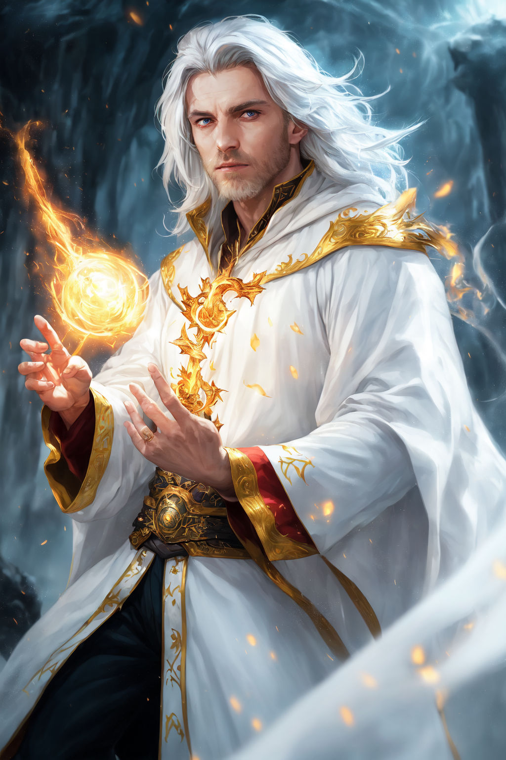 photorealistic photo of a handsome young male wizard, white wizard shirt with golden trim, white robe moving in the wind, ...